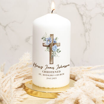 Floral Cross Holy Communion White Wax Pillar Candle, 2 of 4