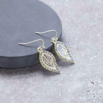 Gold Colour Crystal Encrusted Small Leaf Drop Earrings, 2 of 3