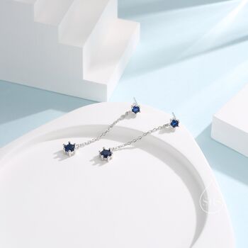 Sapphire Blue Cz Dangle Chain Stud Drop Earrings, 8 of 12