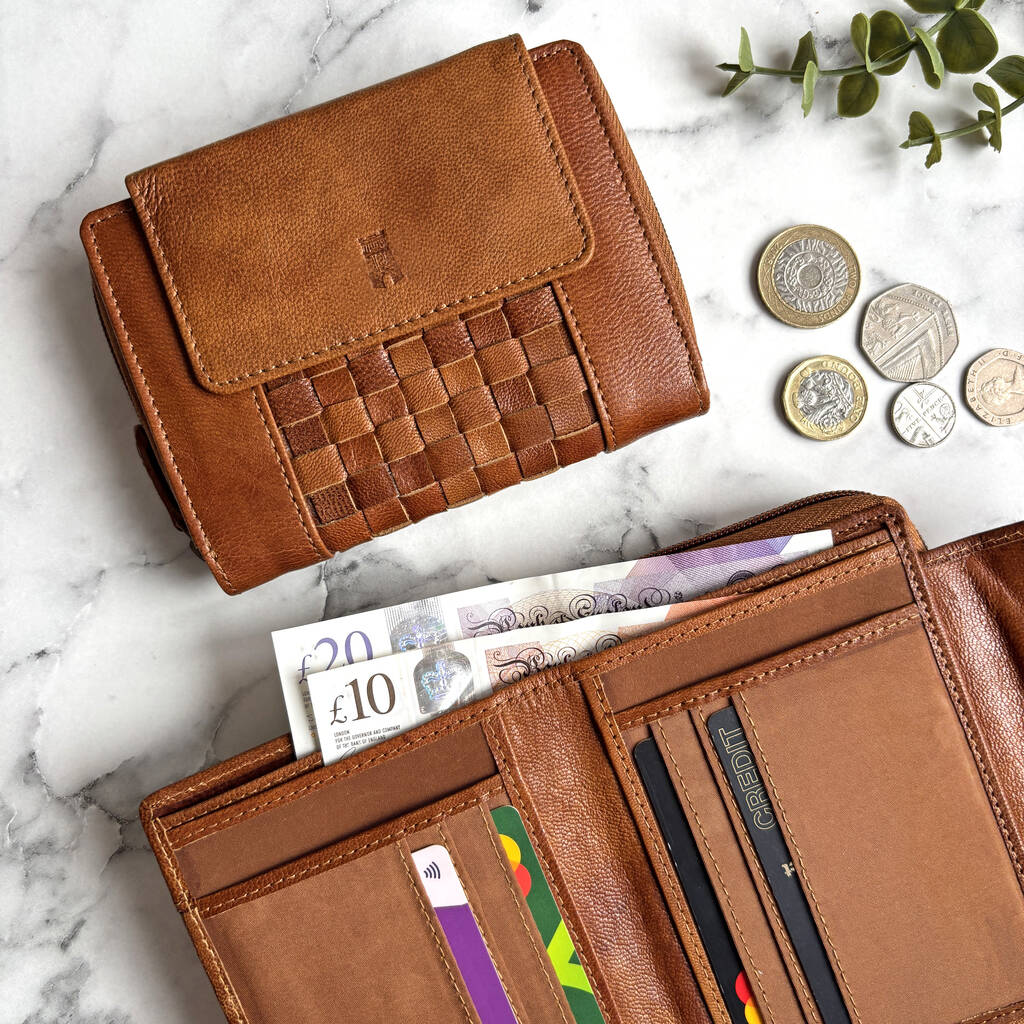 Women's Tan Leather Purse Hand Woven, 1 of 3