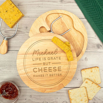 Personalised 'Life Is Grate' Pun Cheeseboard Gift Set, 3 of 6