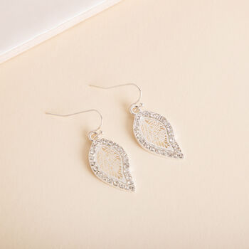 Silver Colour Crystal Encrusted Small Leaf Earrings, 3 of 3