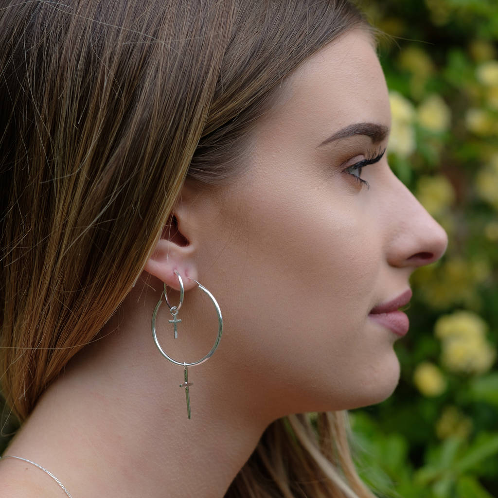 Silver Hoop Earrings With Cross Charm By Lime Tree Design Silver Hoop Earrings With Cross Charm