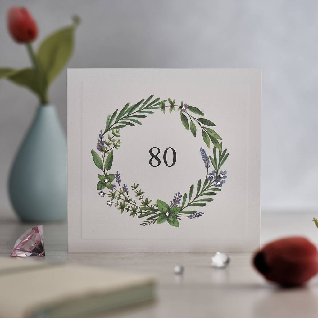 Handmade Purple Floral Wreath 80th Birthday Card
