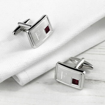 Engraved Rhodium Plated Birthstone Crystal Cufflink Set, 12 of 12