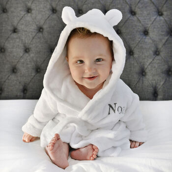 Personalised Soft Baby White Dressing Gown With Ears, 2 of 7