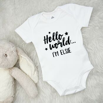 Hello World.. Personalised New Baby Babygrow, 2 of 8