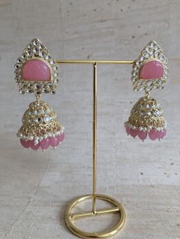 Pink Gold Kundan Jhumki Indian Earrings, 6 of 7