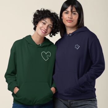 Personalised Puzzle Heart Piece Unisex Hoodie With Initial On Sleeve, 3 of 12