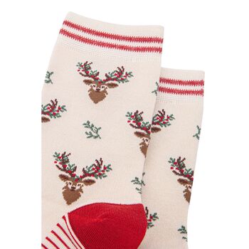 Christmas Reindeer Stags Holly Bamboo Ankle Socks Women's Cream Red, 2 of 4