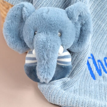 Personalised Blue Knitted Baby Blanket And Elephant Rattle Gift Set, 7 of 12
