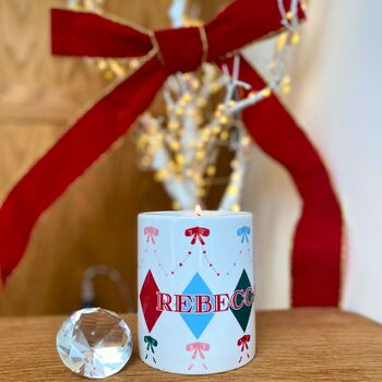 Personalised Harlequin, Pearls And Bow Candle, 2 of 3