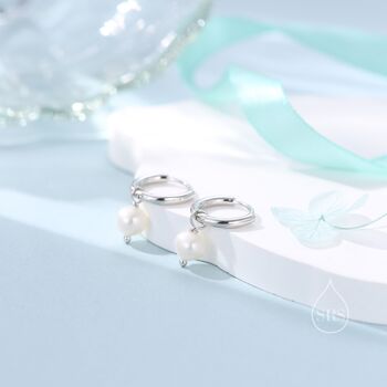 Sterling Silver Genuine Freshwater Pearl With Skinny Hoop Earrings, 2 of 11