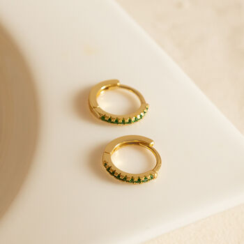Emerald Green Hoop Earrings 18ct Gold Plated, 2 of 4