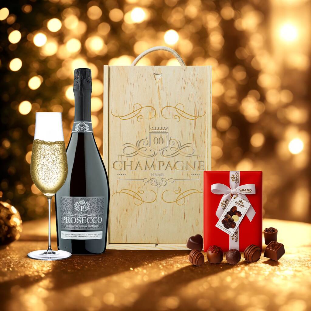 Personalised Vino Spumante Prosecco Gift Box With Luxury Belgian Chocolates 75cl, 1 of 4