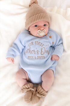 Our First Father's Day Embroidered Personalised Baby Romper Three Colours Available, 2 of 7