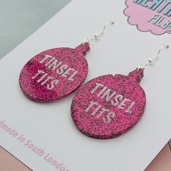 Hot Pink Tinsel Tits Glitter Resin Christmas Earrings, 4 of 4