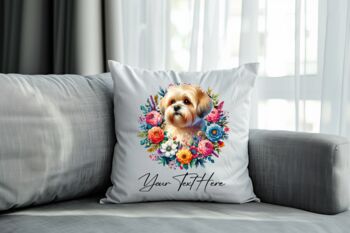 Personalised Shorthaired Lhasa Apso Summer Floral Dog Wreath Cushion And Mug Gift Bundle, 4 of 4