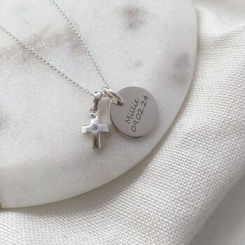 Silver Junior Crucifix Necklace, Personalised Mini Disc, 2 of 5