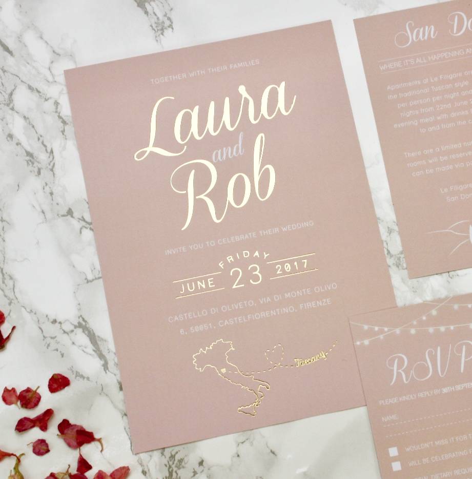 luscious type blush and gold wedding invites by rodo creative