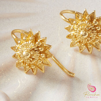 Gold Filigree Flower Hook Earrings, 18k Gold Vermeil, 5 of 9