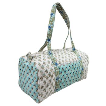 Block Printed Aqua, White And Green Floral Quilted Duffle Bag, 8 of 9