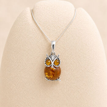 Personalised Sterling Silver Baltic Amber Owl Pendant Necklace, 3 of 10