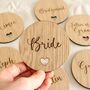 Custom Wooden Wedding Heart Shaped Circle Coasters, thumbnail 1 of 5