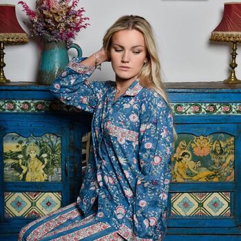 Block Printed Inky Blue And Pink Floral Stripe Cotton Pyjamas, 3 of 4