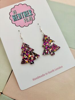 Purple And Gold Christmas Tree Glitter Earrings / Stocking Filler / Santa Present, 3 of 10