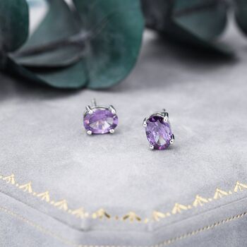 Sterling Silver Amethyst Purple Oval Cz Stud Earrings, 5 of 12