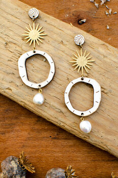 'Morwenna' Sustainable Wood And Pearl Earrings, 7 of 10