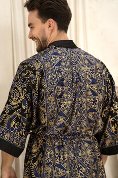 Men's Navy And Gold Batik Kimono Robe, 6 of 8