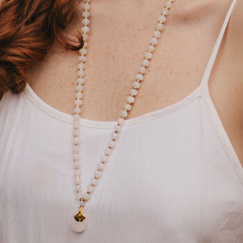 Clear Quartz Longer Length Necklace With Gold Tone Ginkgo Leaf, 2 of 4