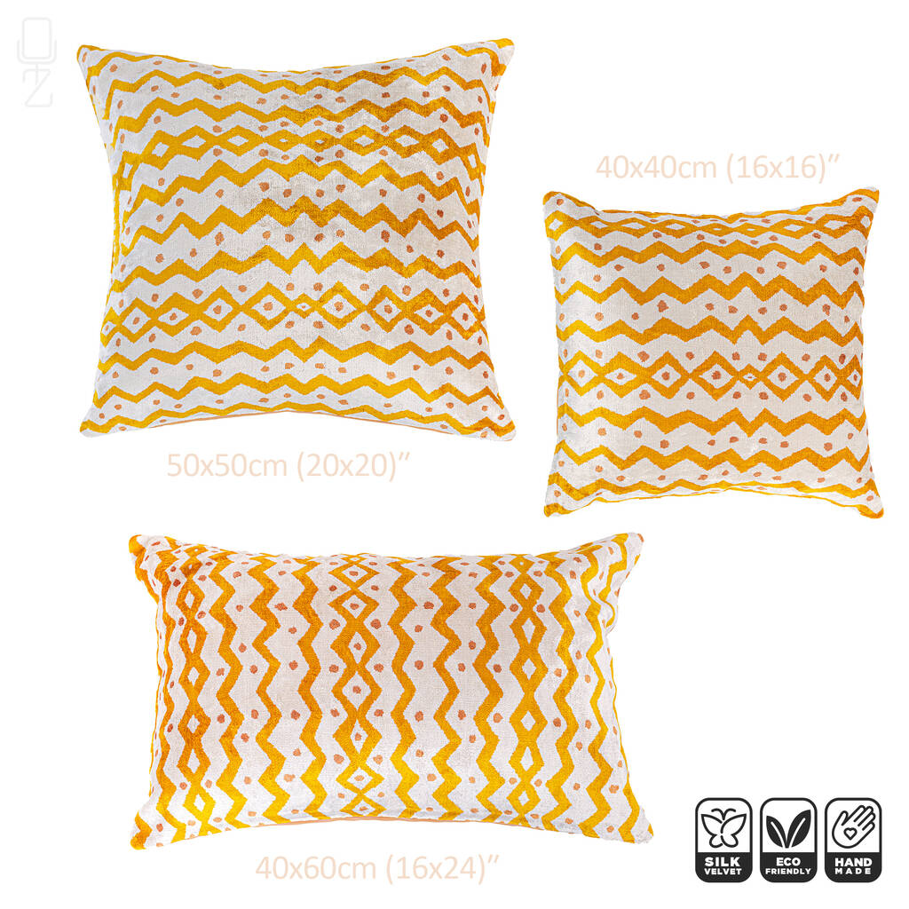 Yellow Zig Zag Ikat Velvet Cushion Cover 40x40cm By