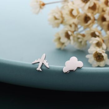 Sterling Silver Mismatched Plane And Cloud Stud Earrings, 3 of 11