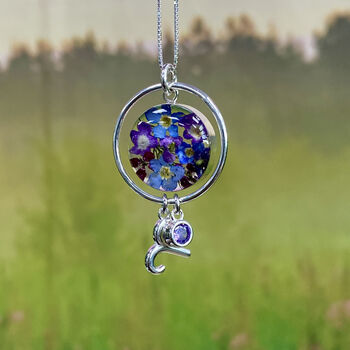 Sterling Silver Handmade Real Flower Necklace With Personalised Birthstone And Zodiac Charm, 9 of 12