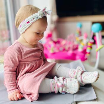Dotty Fish Floral Cotton Baby Booties With Fleece Lining And Barefoot Soles, 2 of 8