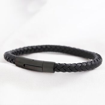 Men's Black Leather Bracelet With Matte Black Clasp, 6 of 6