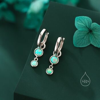 Sterling Silver Double Aqua Green Opal Dangle Huggie Hoop Earrings, 3 of 12
