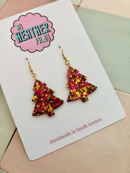 Gold And Red Christmas Tree Glitter Resin Earrings / Festive Jewellery / Christmas Gift, 3 of 10