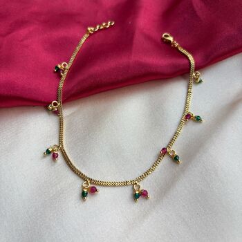 Golden Brass Rounds Red Green Beads Indian Payal Anklet, 3 of 8
