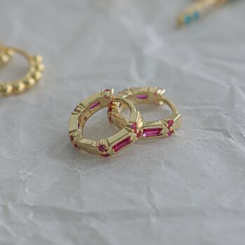 Gold Plated Pink Crystal Huggie Earrings, 9 of 11