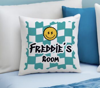 Personalised Teal Checked Cushion, 2 of 4