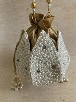 White Handcrafted Pearl Embellished Potli Wrist Bag, 4 of 5