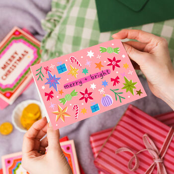 Pack Of Ten Pink Christmas Cards, Merry And Bright Pink, 5 of 5