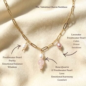 Rose Quartz And Pearl Tarnish Free Gold Plated Charm Necklace, 2 of 5