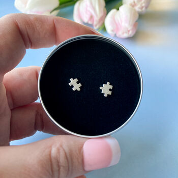 Valentine's Gift Silver Jigsaw Studs In A Gift Tin, 2 of 9