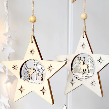 Wooden Hanging Stars With Reindeer Scenes, 2 of 2