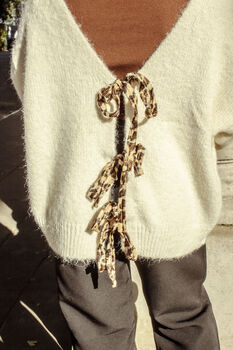 V Cut Ribbon Tie Jumper In Cream, 2 of 4